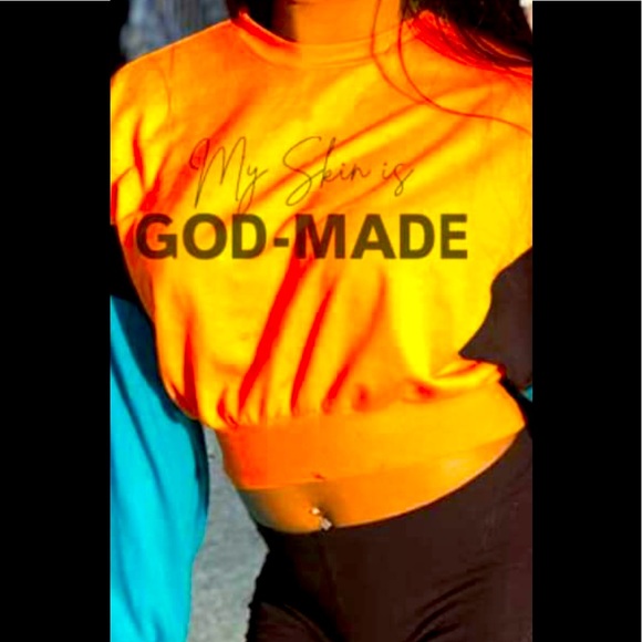 “MY SKIN IS GOD MADE" Beautiful Spiritual  Multi-Color Long Sleeve Crop Shirt - Picture 3 of 4